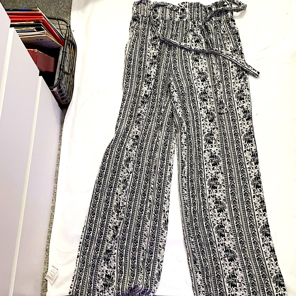 flowy boho pants with black and white pattern